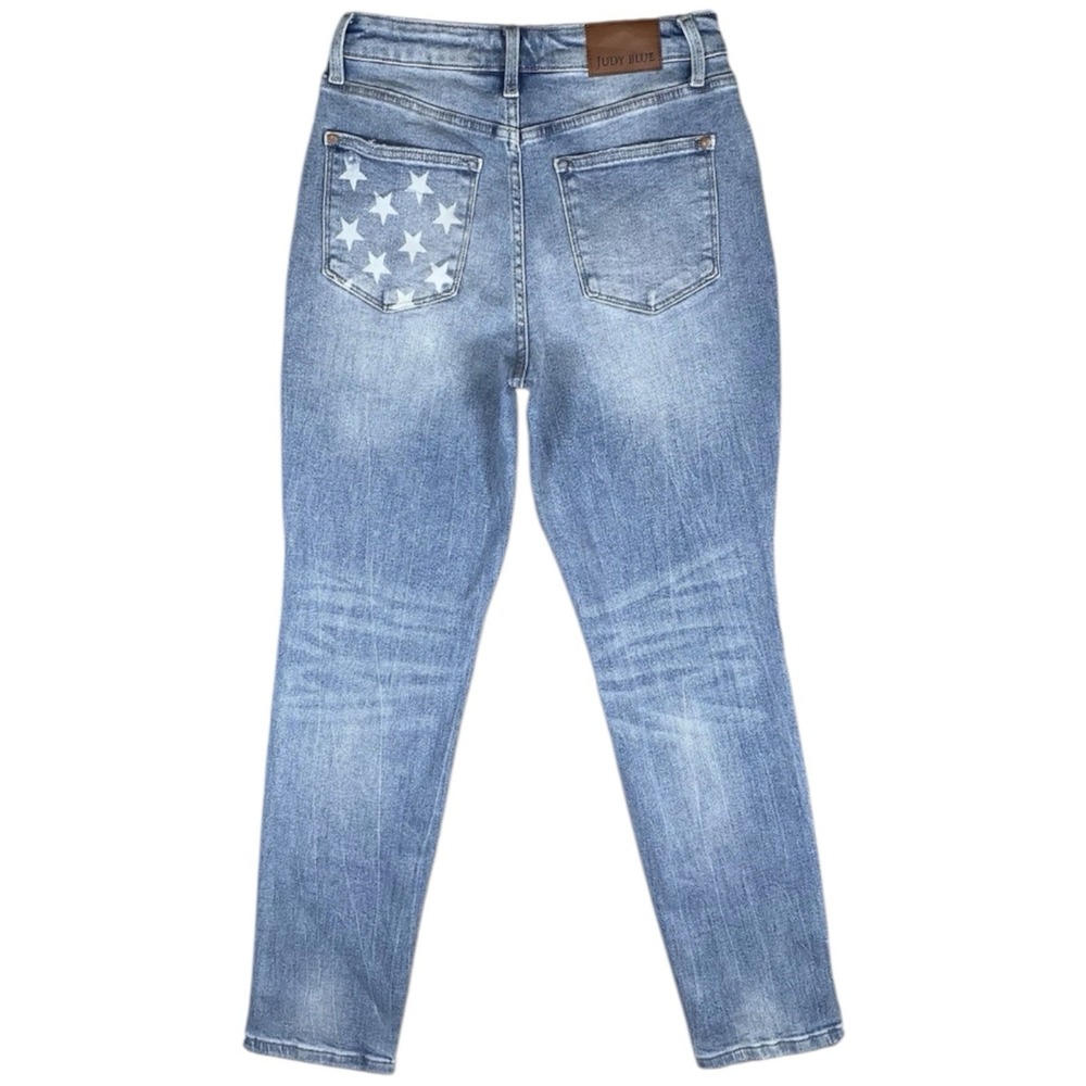 Judy Blue Boyfriend Fit Star Print Pocket Jeans Women 5/27 Light Wash Distressed
